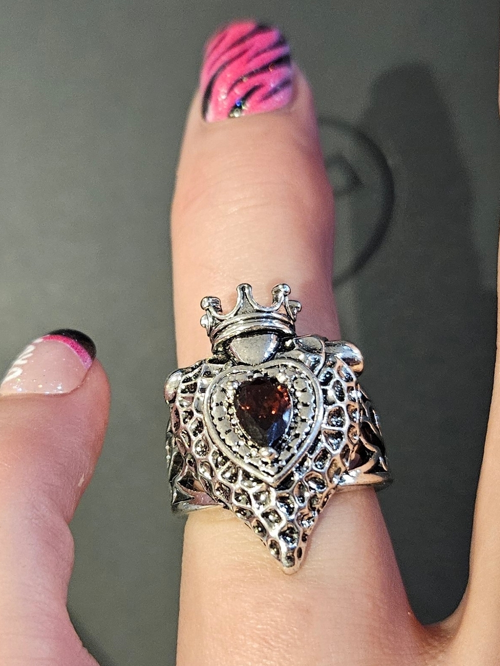 Silver Heart Crown Ring with Red Center Stone